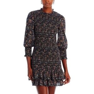 Veronica Beard Floral Smocked Cotton‎ Mini Dress Black Multi Size 2